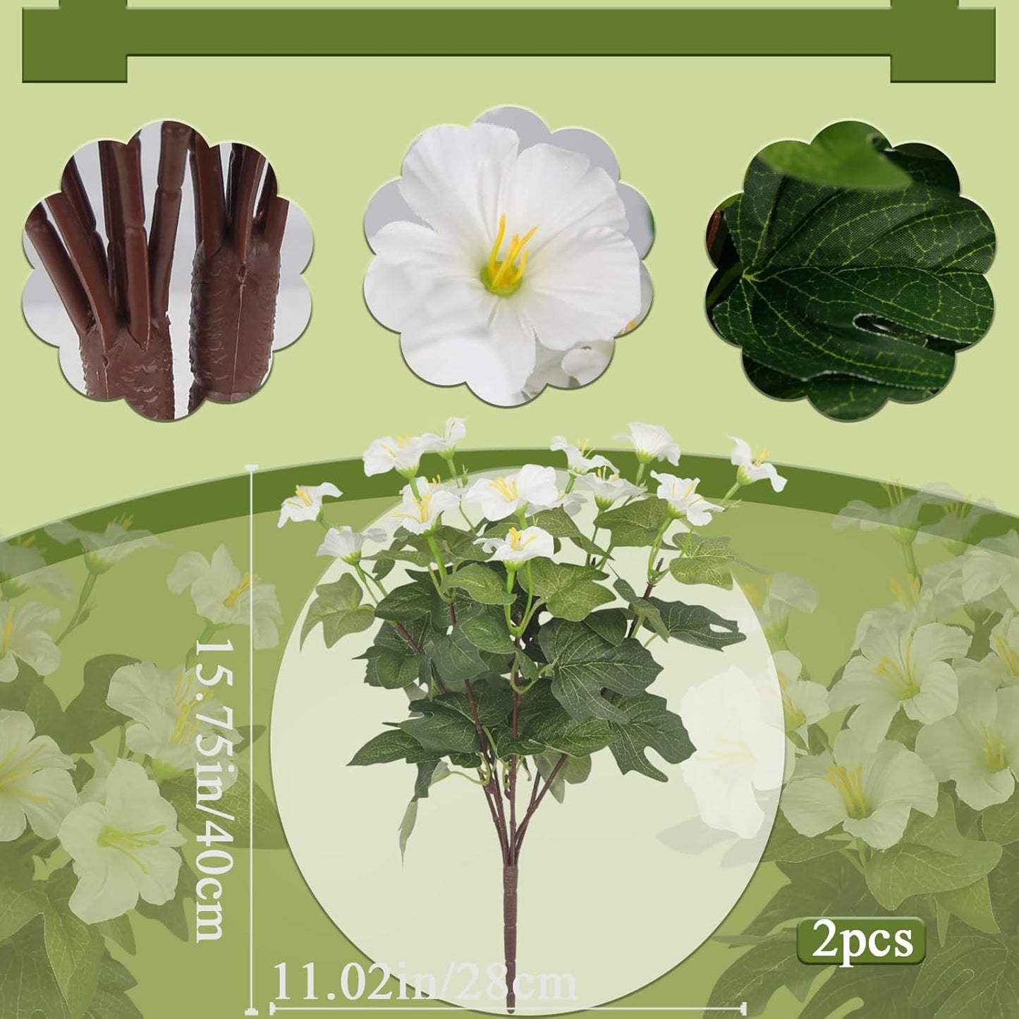 2 Pcs Artificial Flowers for Outdoors Fake Petunias Plants Outside Indoor White Silk Morning Glory UV Resistant Realistic Faux Tropical Flowers for Planter Porch Patio Yard Garden Window