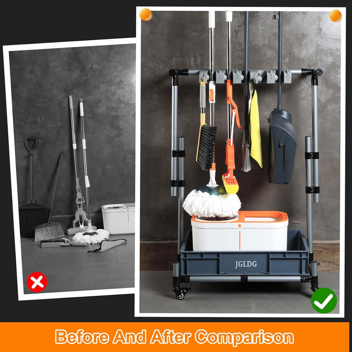 Freestanding Mobile Cleaning Tool Storage Rack, Mop and Broom Holder (