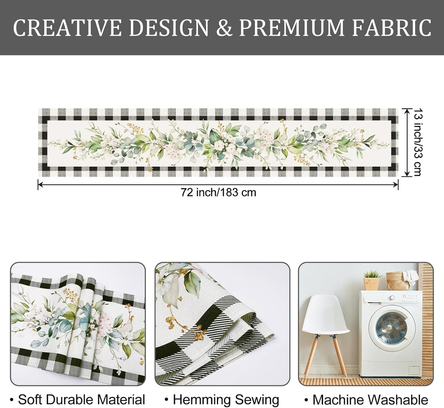 Bonhause Green Eucalyptus Leaves Flowers Table Runner 13x72 Inch Black White Buffalo Plaid Spring Plants Kitchen Dining Table Decoration for Indoor Outdoor Home Party Decor