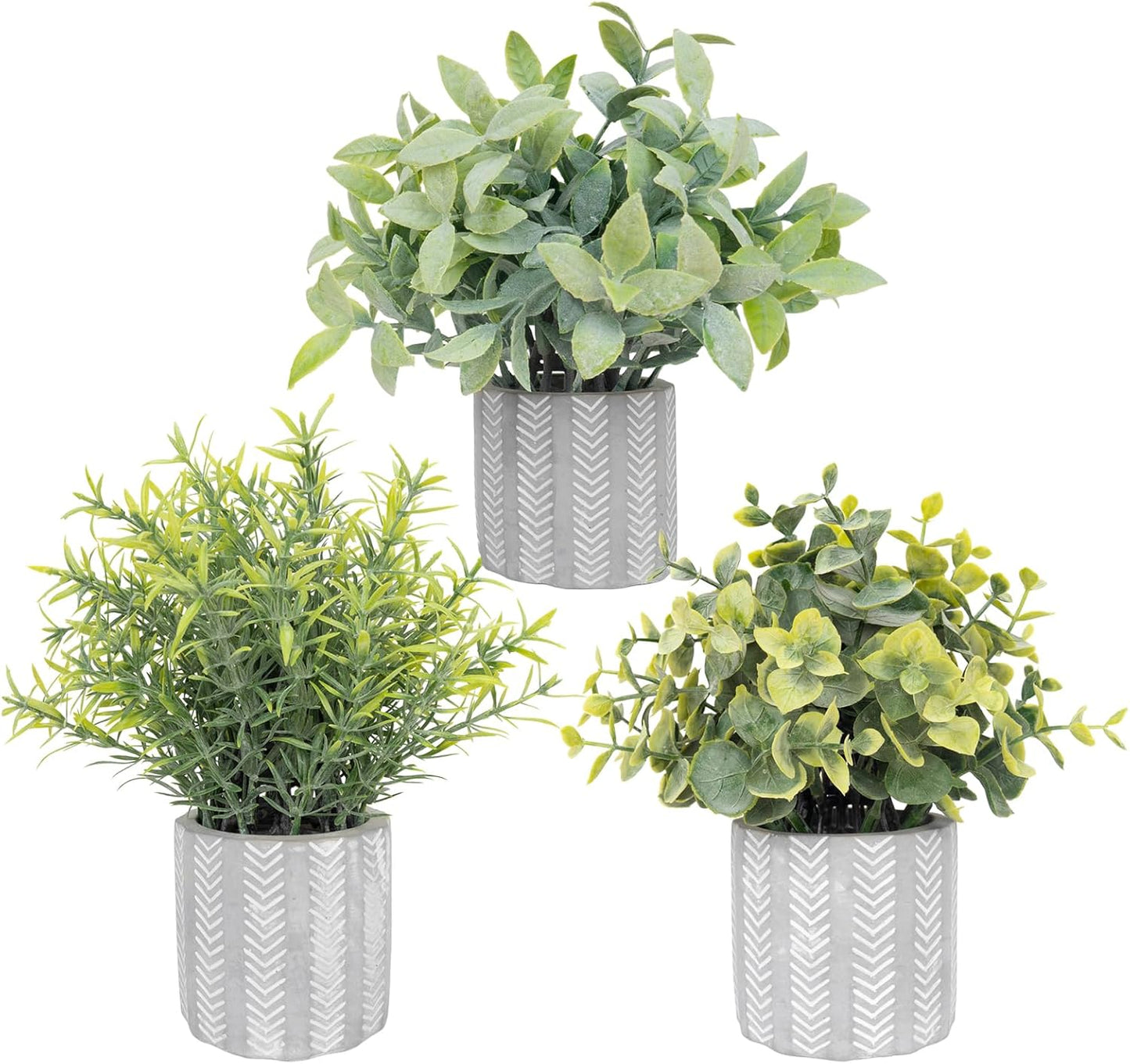 Realistic Fake Plants Boho Geometric Cement Pots Farmhouse Bathroom Decor Rustic Centerpieces for Table Decoration Shelves Faux Eucalyptus Set of 3 in Heavy Concrete Planters