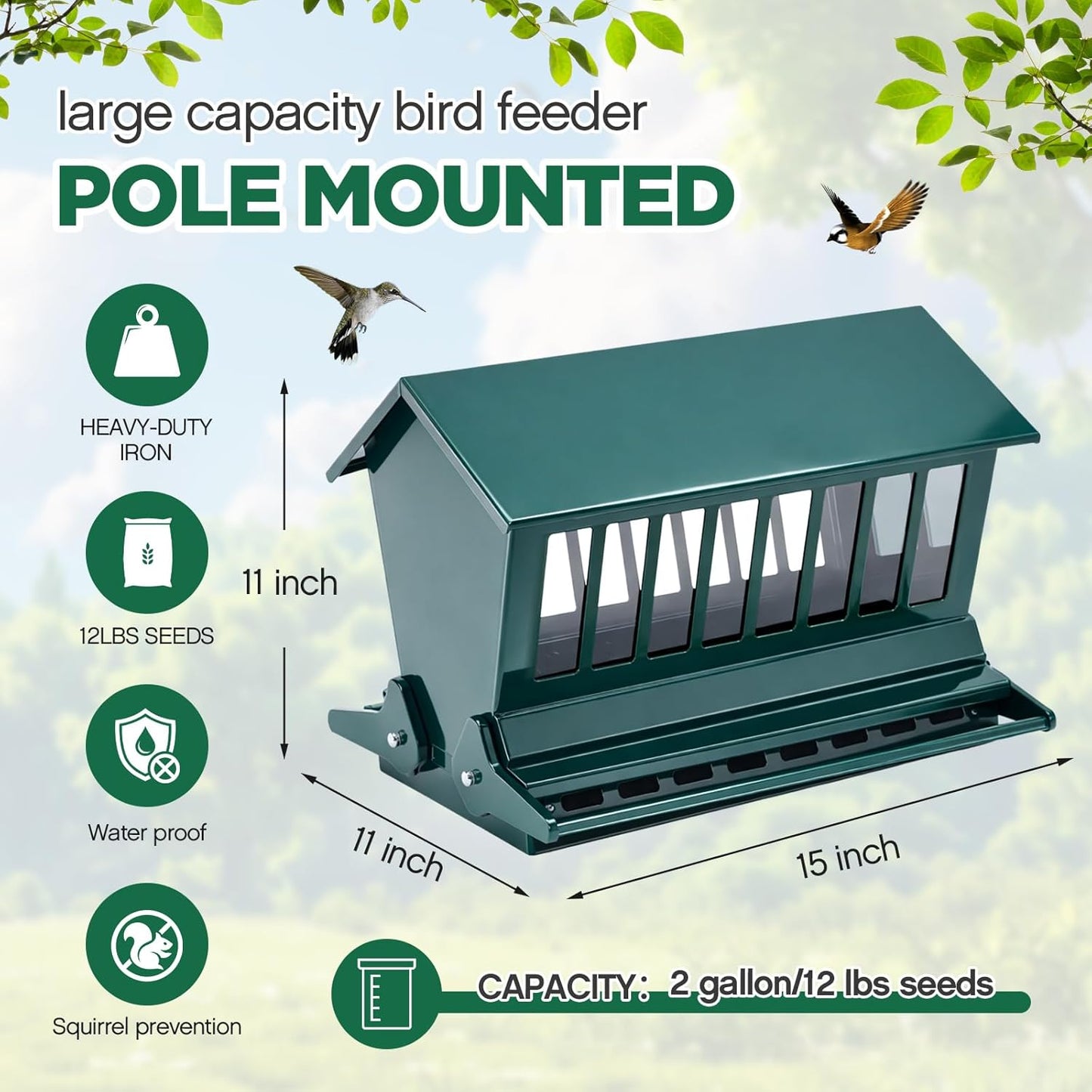 Zonon Squirrel Proof Bird Feeder Metal 12lbs Large Capacity for Cardinals Chickadees Green Bird Feeder on Pole for Outdoors