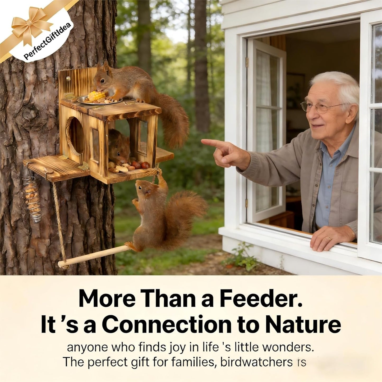 Squirrel House for Outside with Food Storage Box, Wooden Squirrels Nes