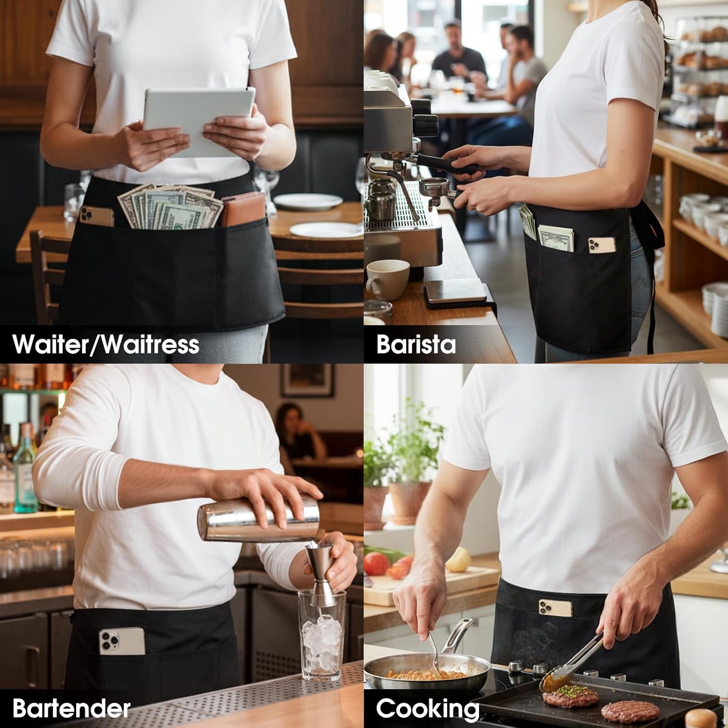 BOHARERS 4 Pack Waitress Apron With 3 Pockets-Black Server Aprons-Wait
