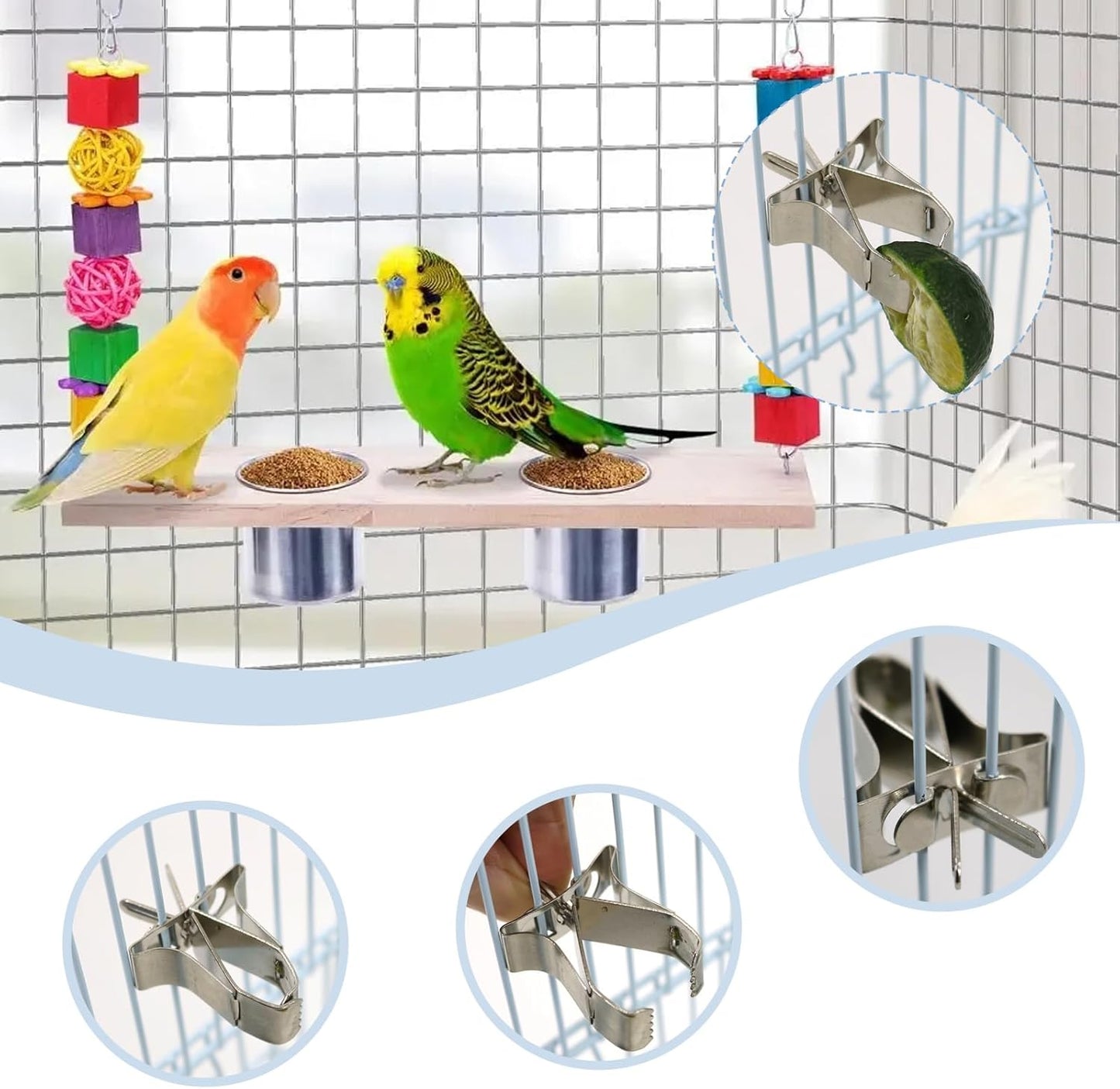 5Pcs Bird Food Holder Cage Mount Fruit Bird Feeder Stainless Steel Feeder Clip Style Silver for Parakeet Budgie Macaw Cage Accessories