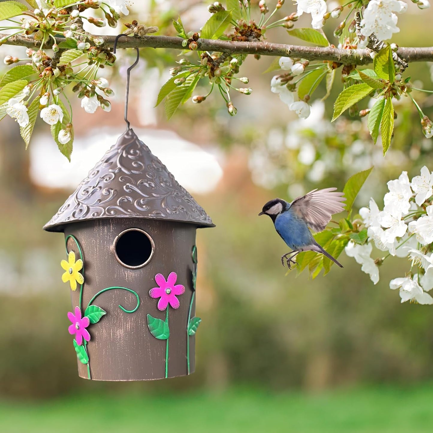 9.25" H Metal Hanging Decorative Birdhouse for Hummingbird with Paint 