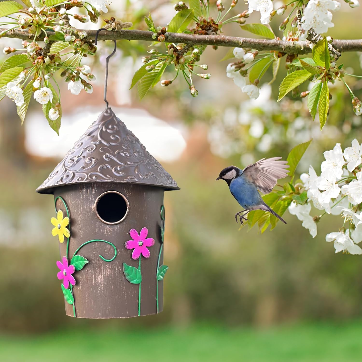 9.25" H Metal Hanging Decorative Birdhouse for Hummingbird with Paint 