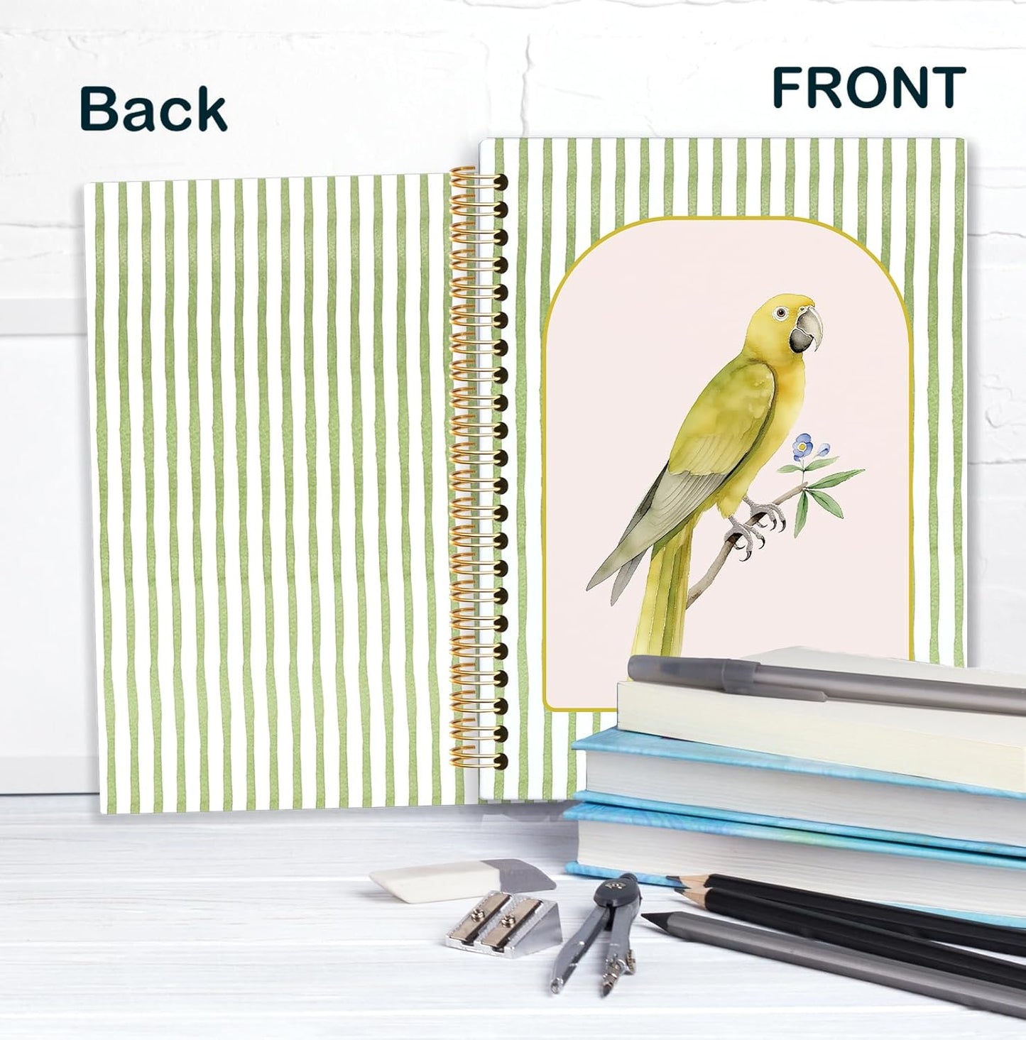 KRHFG Parrot Bird Spiral Notebook, Golden Conure Bird Watching Journal for Writing, Gifts for Bird Lovers, Striped Aesthetic Birding Notebooks for Note Taking, 5.5x8.3 Inch