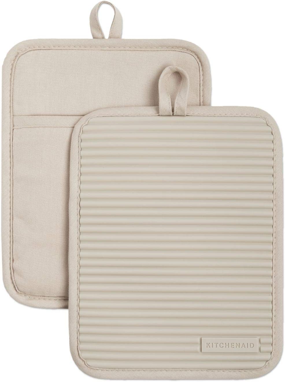 KitchenAid Ribbed Soft Silicone Pot Holder 2-Pack Set, Milkshake Tan, 