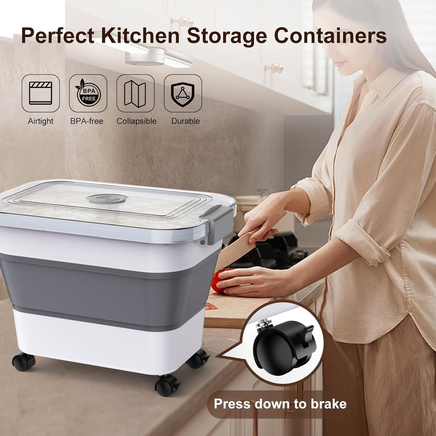 Rice Storage Container, Collapsible Airtight Food Storage Containers 20-30lbs with Clear Lid and Wheels, Rice Dispenser with Scoop for Flour Cereal Pasta Grain, Cat Pet Bird Dog Food Storage Container