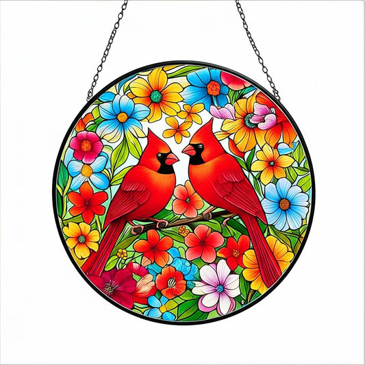 Cardinals Stained Glass Suncatcher - Red Bird Window Hanging with Safe Iron Frame - Includes Chain & Suction Cup - Heartfelt Gift for Mom, Women - Housewarming & Christmas Decor (Cardinal Ver1)
