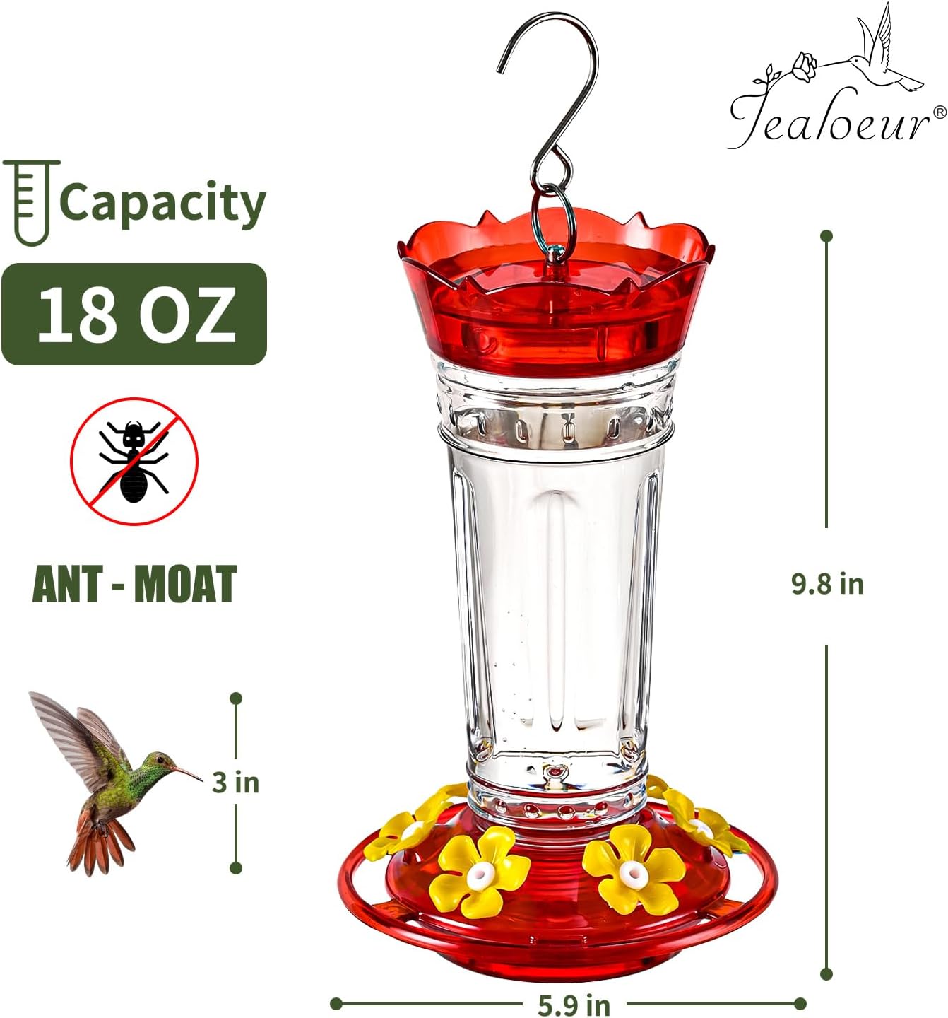 2 Pack Hummingbird Feeder for Outdoors Hanging, 18 OZ Humming Birds Feeders with 6 Bee Guard Feeding Ports & Built-in Ant Moat, Easy to Clean, Durable Outdoor Garden Decor(Clear BB)
