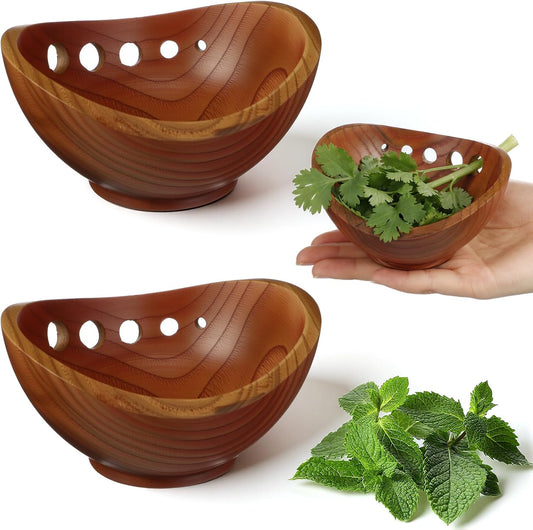 Novabright 2 Pack Wooden Herb Stripper Bowls, Wood 5 Holes Kitchen Herbs Peeling Bowl, Leaf Stripping Peeler for Separating Leaves and Stems, Salads & Cooking, Pottery Kitchen Tool