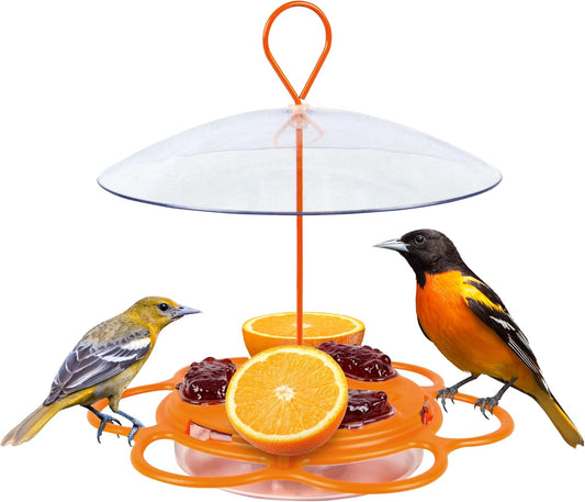 Nature’s Way Multi-Station Oriole Feeding Center with Ant Moat & Weather Baffle, Metal & Plastic Wild Bird Feeder, 12 oz Nectar Capacity, Orange