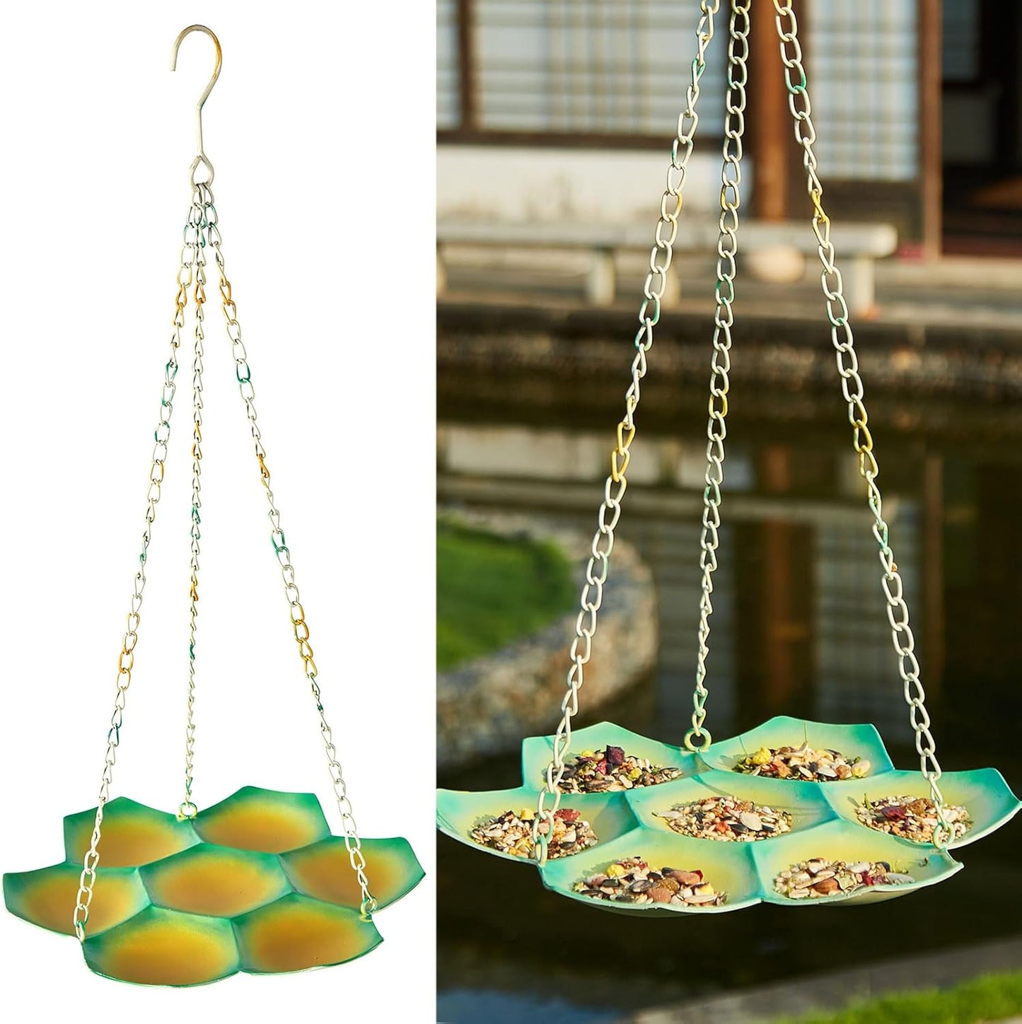 23" H Hanging Bird Feeder, Metal Bird Feeders for Outdoors Hanging, Flat Bird Feeder Seed Tray for Outside Garden Yard Decor
