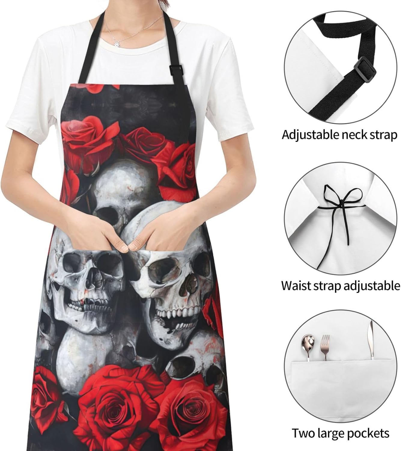 Skull and Red Rose print Waterproof chef's apron with pocket apron for