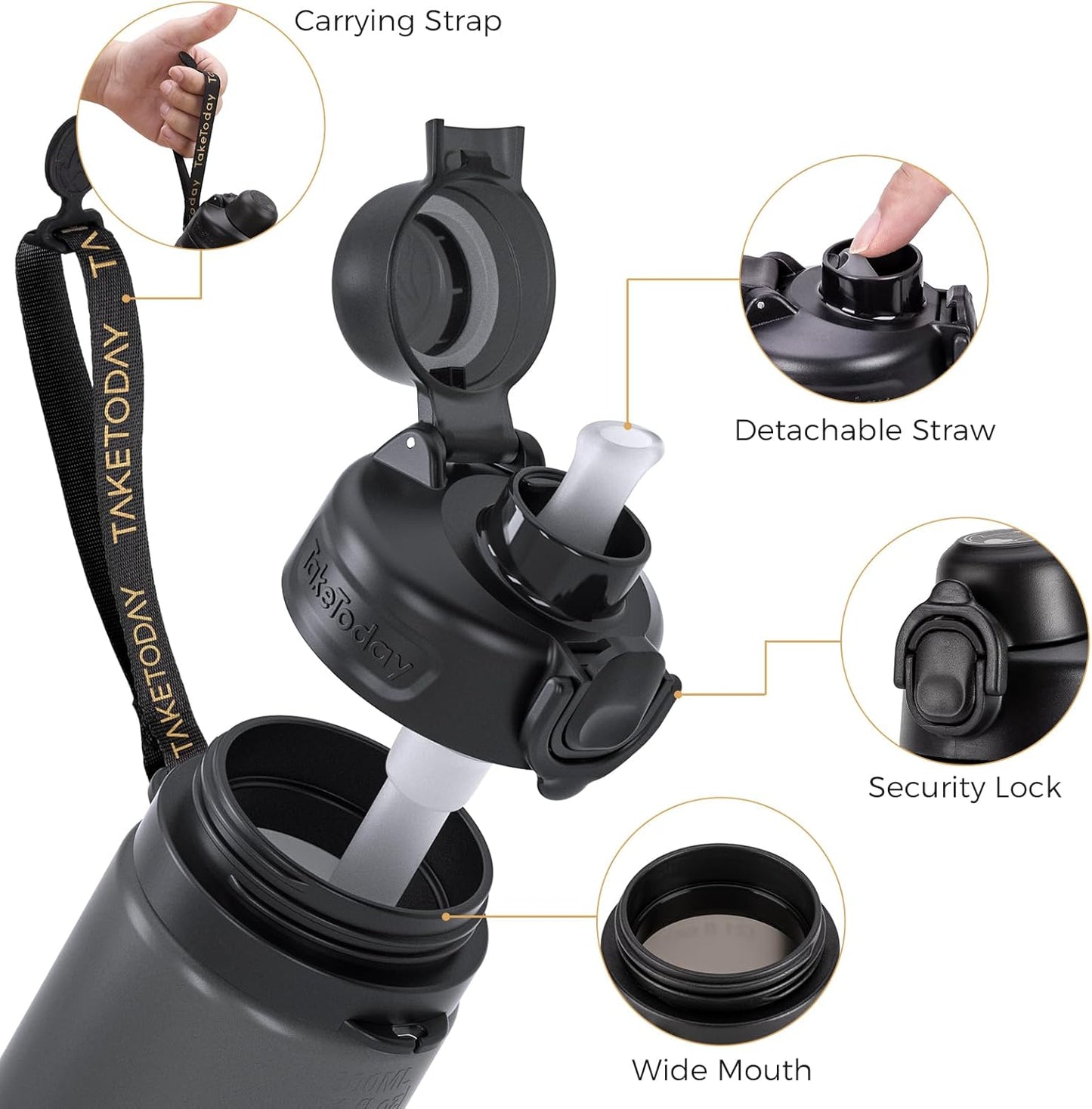 TakeToday Collapsible Water Bottles 20oz (600mL), Foldable Platinum Silicone Travel Water Bottle with Straw & Carry Strap, Leak-Resistant Screw Lid, Wide Mouth, BPA-Free for Hiking, Camping, Travel