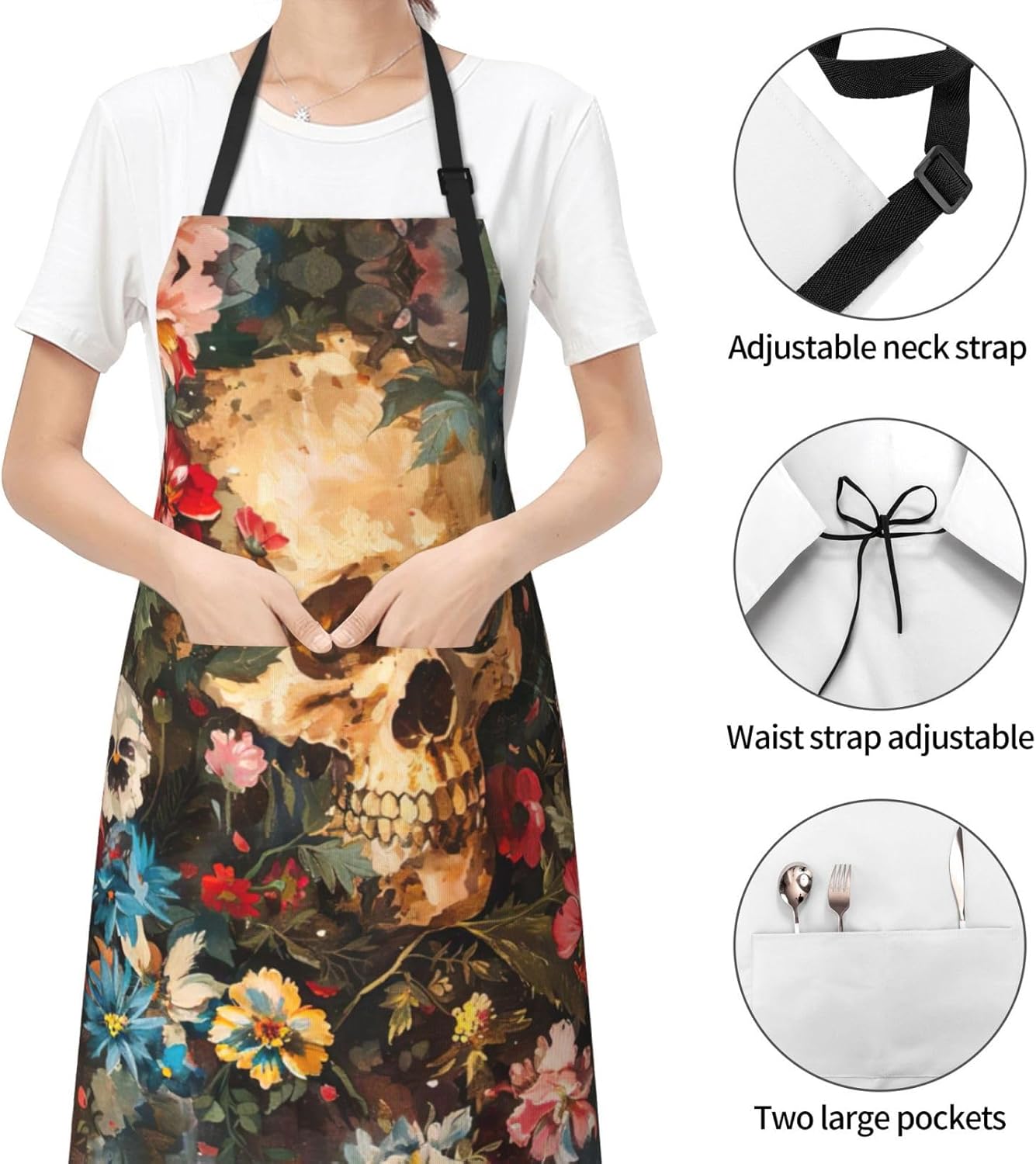 Floral Skull print Waterproof chef's apron with pocket apron for kitchen cooking baking barbecue and gardening