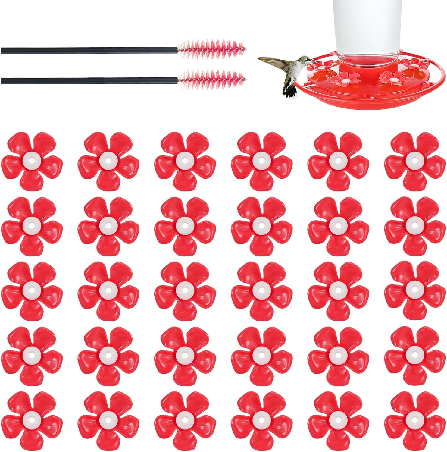 30 Pack Hummingbird Feeder Replacement Flowers, Bee-Proof Plastic Red 
