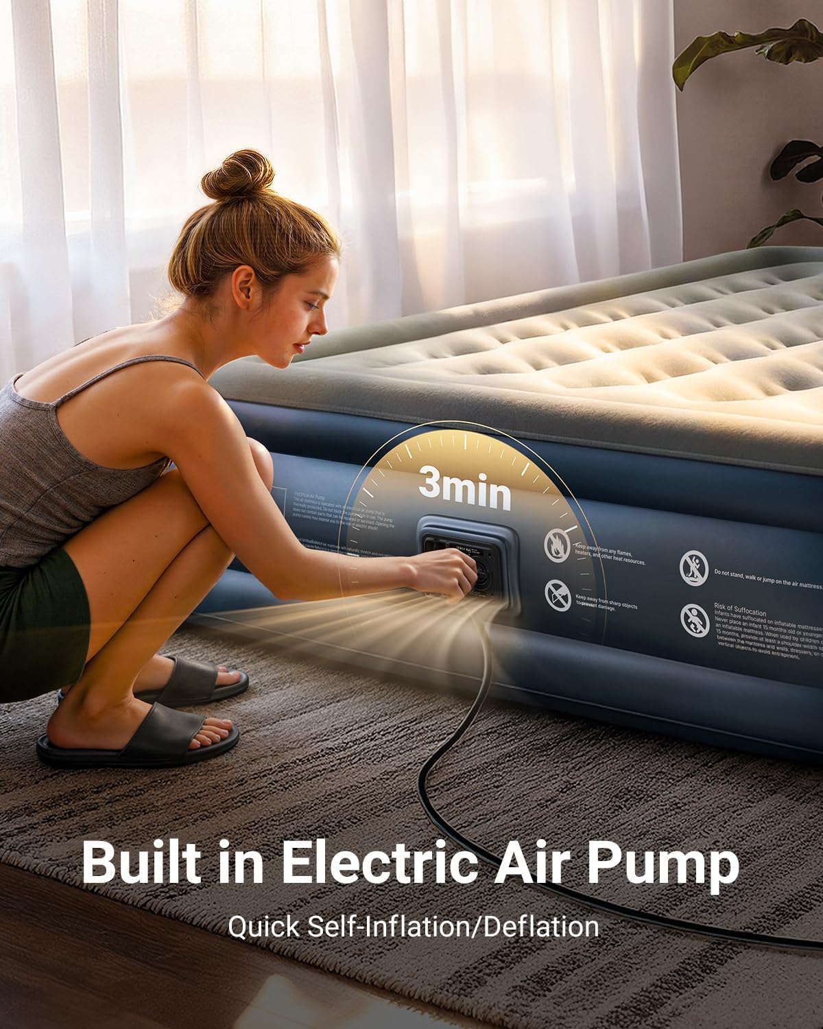 iDOO Queen Air Mattress with Built in Pump, 18 Raised Comfort Inflatable Blow up Mattress, Upgraded Four Chamber Portable Air Bed for Camping, Guests and Home, Colchon Inflable, 650 lbs Max