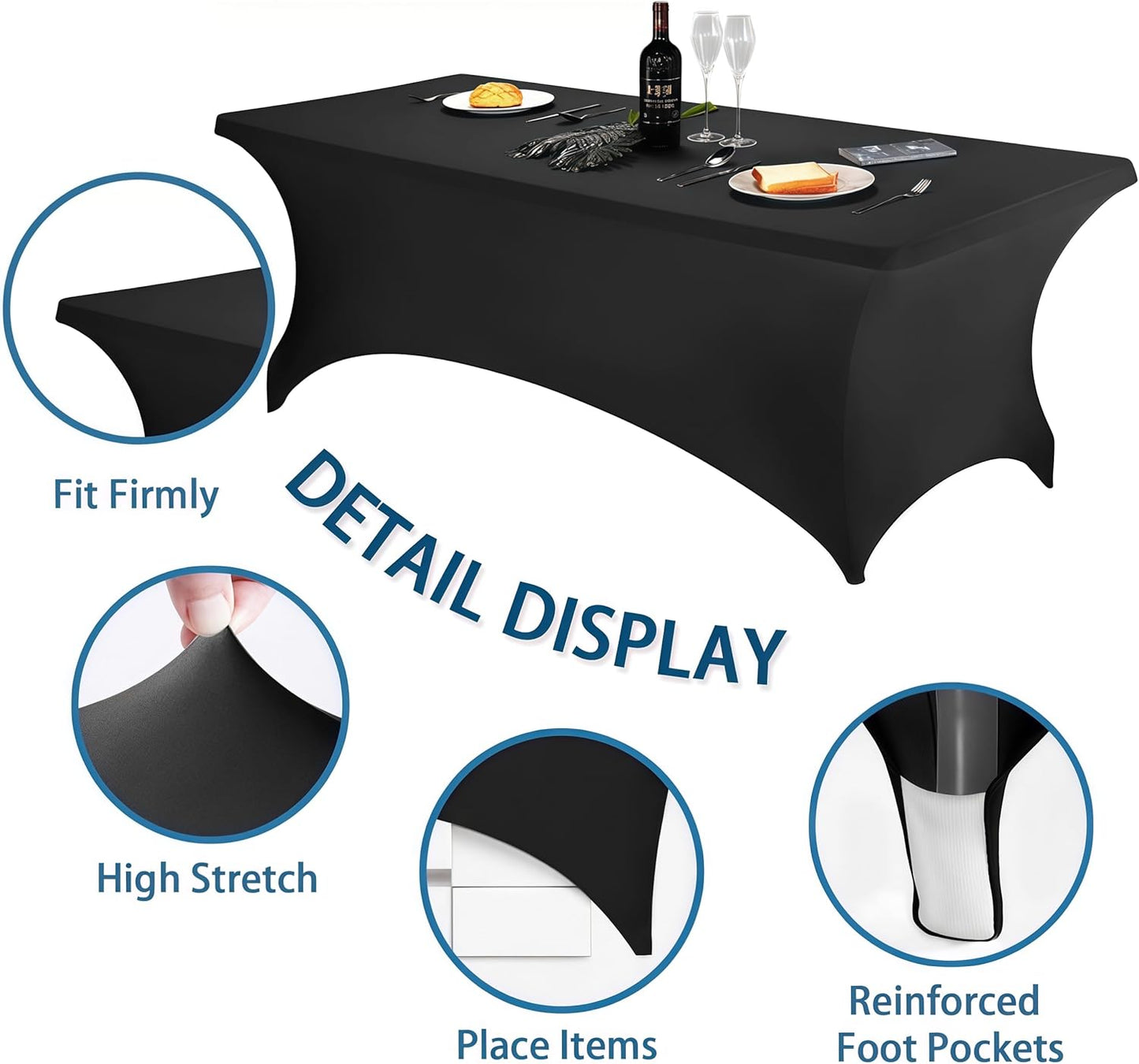 6.1FT Black Table Cloth - 2 Pack Fitted Stretch Rectangle Spandex Tablecloth, Washable Table Cover for Party, Picnic, Wedding, Banquet, Birthday and Festival(30" x 72")