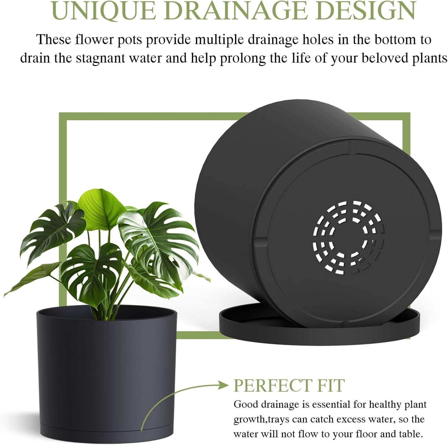 (3 Pack) 10 Inch Plant Pot with Drainage and Saucers, 10/9/8 Inch Plas