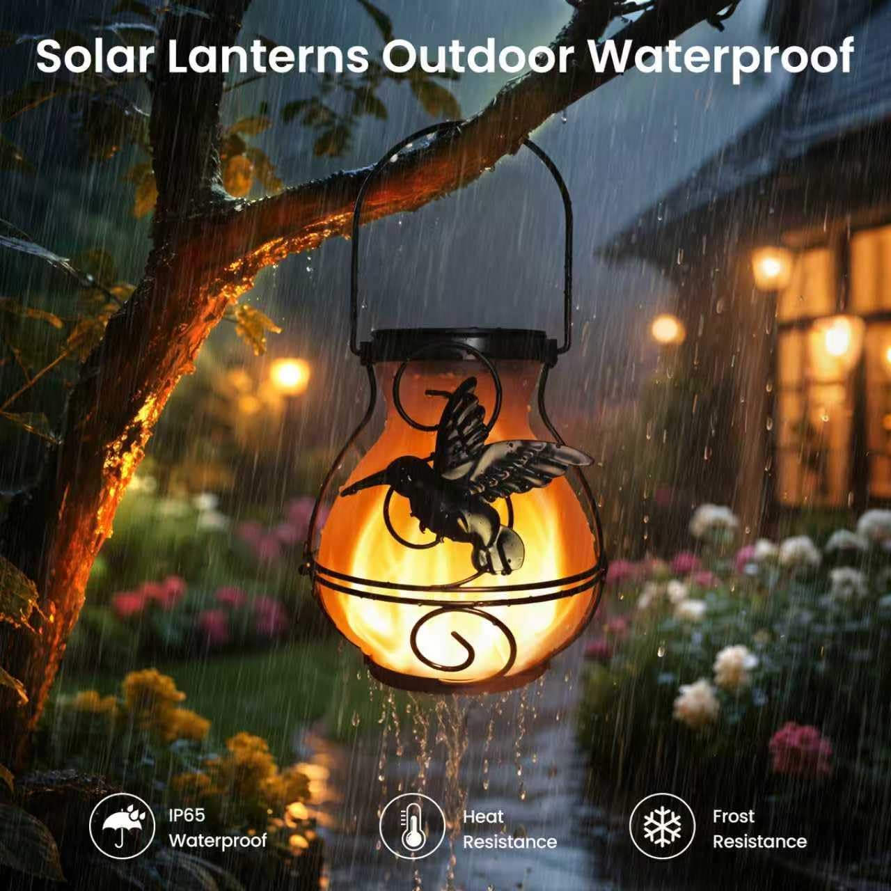 2 Pack Solar Lanterns Outdoor Waterproof Flickering Flame Lights Hummi