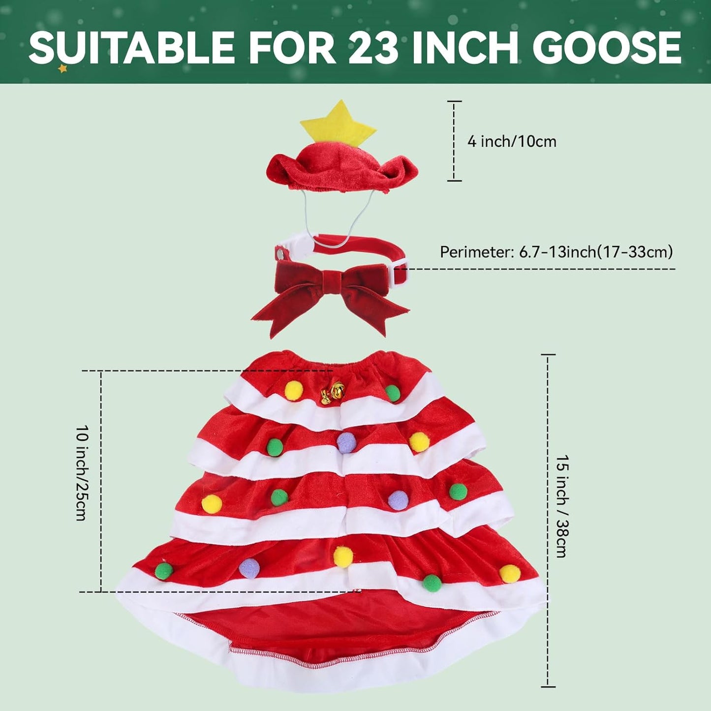 Christmas Porch Goose Outfits for 23 Inch Lawn Statue, 3 Pcs/Set Lawn Cement Goose Clothes with Bells, Bow, 4 layers' Coat for Mrs. Goose Statue Garden Yard Patio Party Decoration (RED)