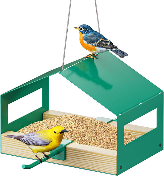 FANHAO Metal Bird Feeder for Outdoor Hanging, Wild Bird Feeder House with Rust-Resistant Mesh, Hanging Platform Bird House Feeder for Attracting Birds, Weatherproof, Easy to Clean & Refill