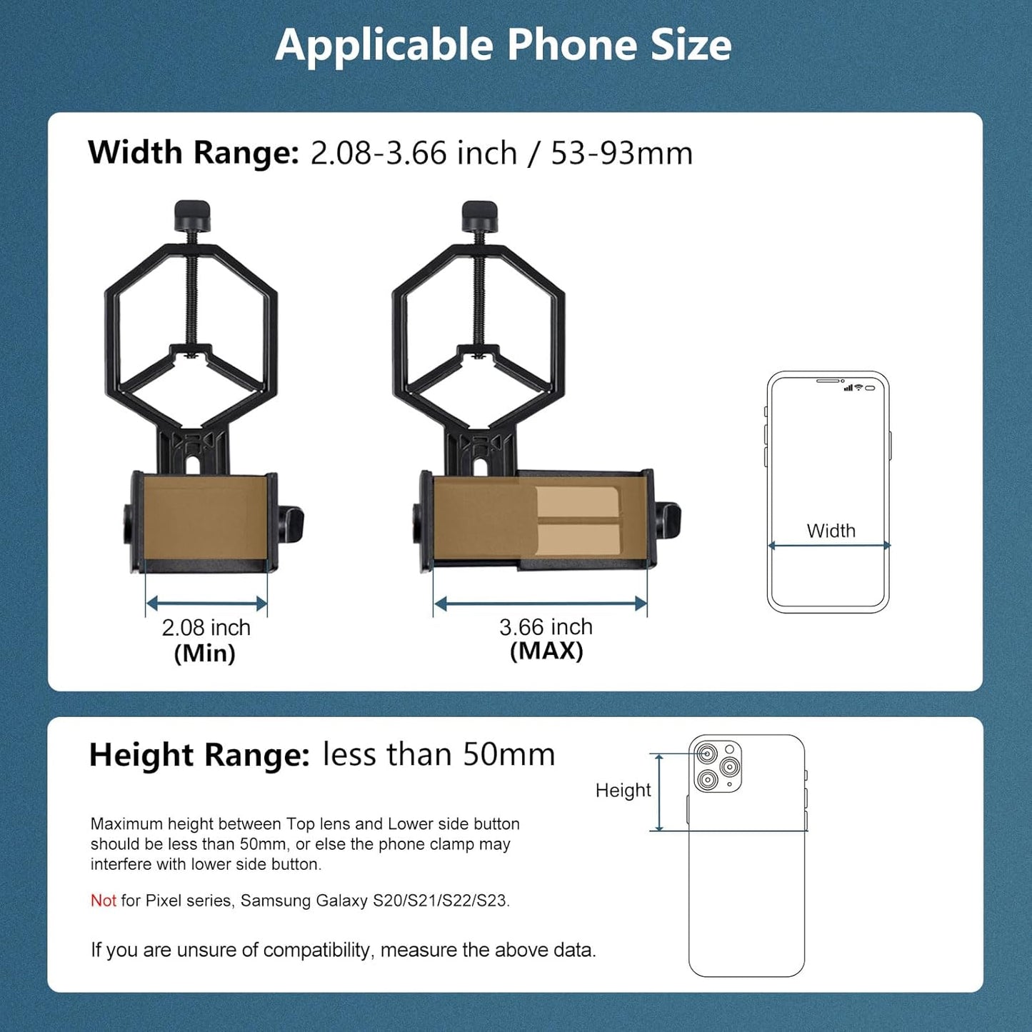 VANKEY Large Telescope Phone Mount, Metal Phone Adapter for Spotting Scope, Monocular, Binocular - Fits iPhone, Samsung and More Smartphone (Bluesky V1-L)