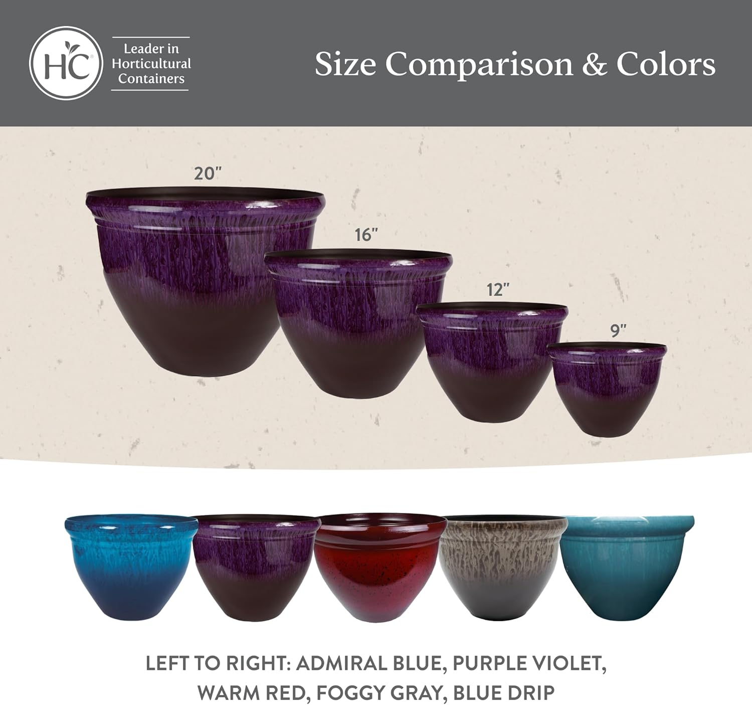 The HC Companies 16 Inch Pizzazz Round Planter Pots with Ceramic Look,