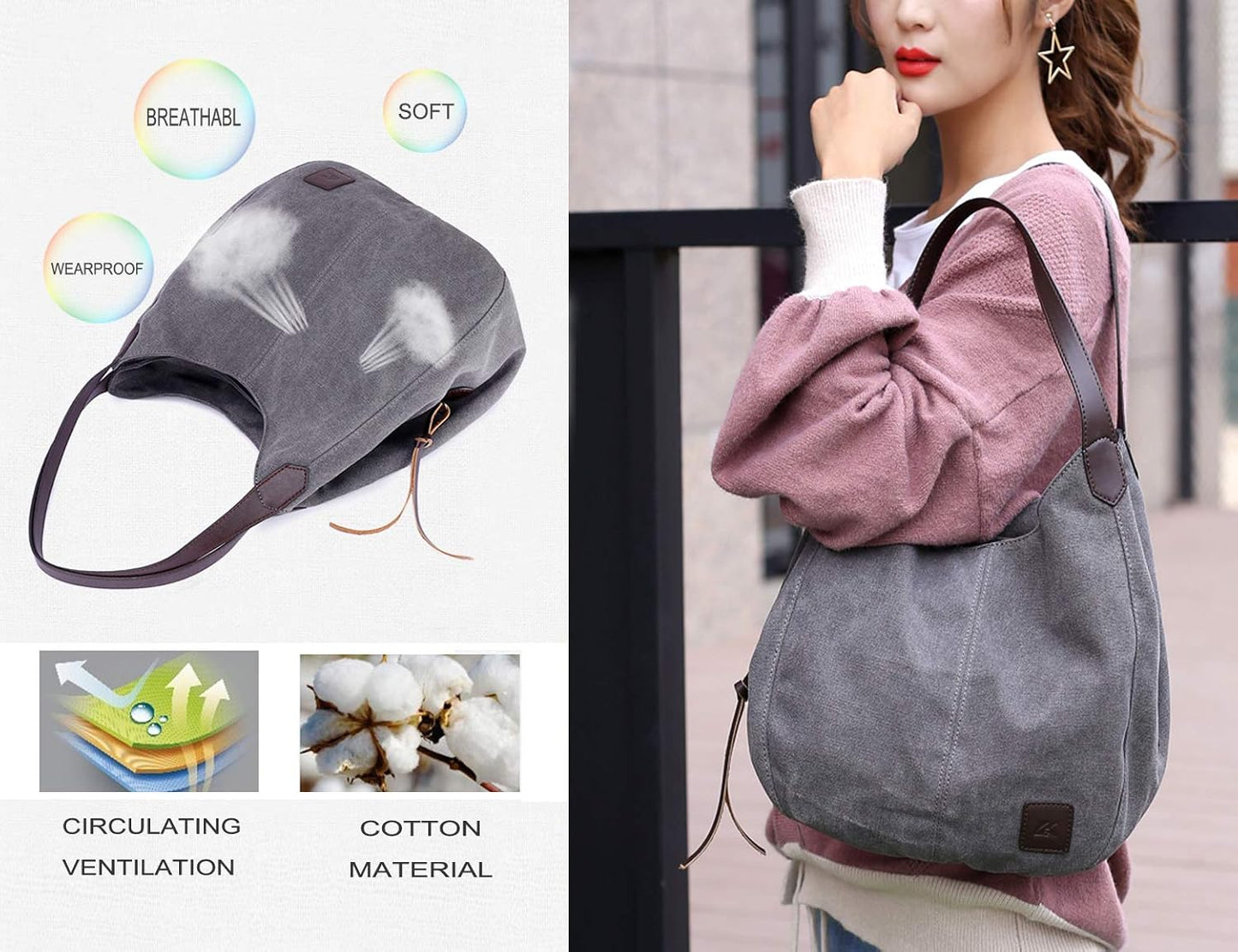DOURR Women's Multi-pocket Shoulder Bag Fashion Cotton Canvas Handbag 