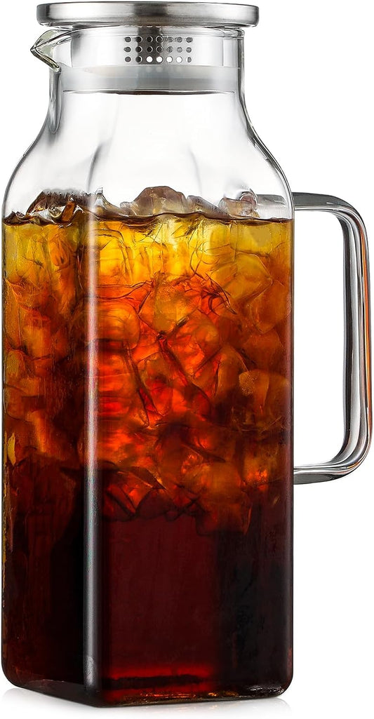 뚜껑과 가 있는 1.9L(2쿼트) 사각 유리 피처, 냉장고용 손잡이가 달린 워터 피처, 뜨겁거나 차가운 음료용 붕규산 유리 카라페, 아이스 티, 커피, 주스, 우유, 음료용 대형 저그