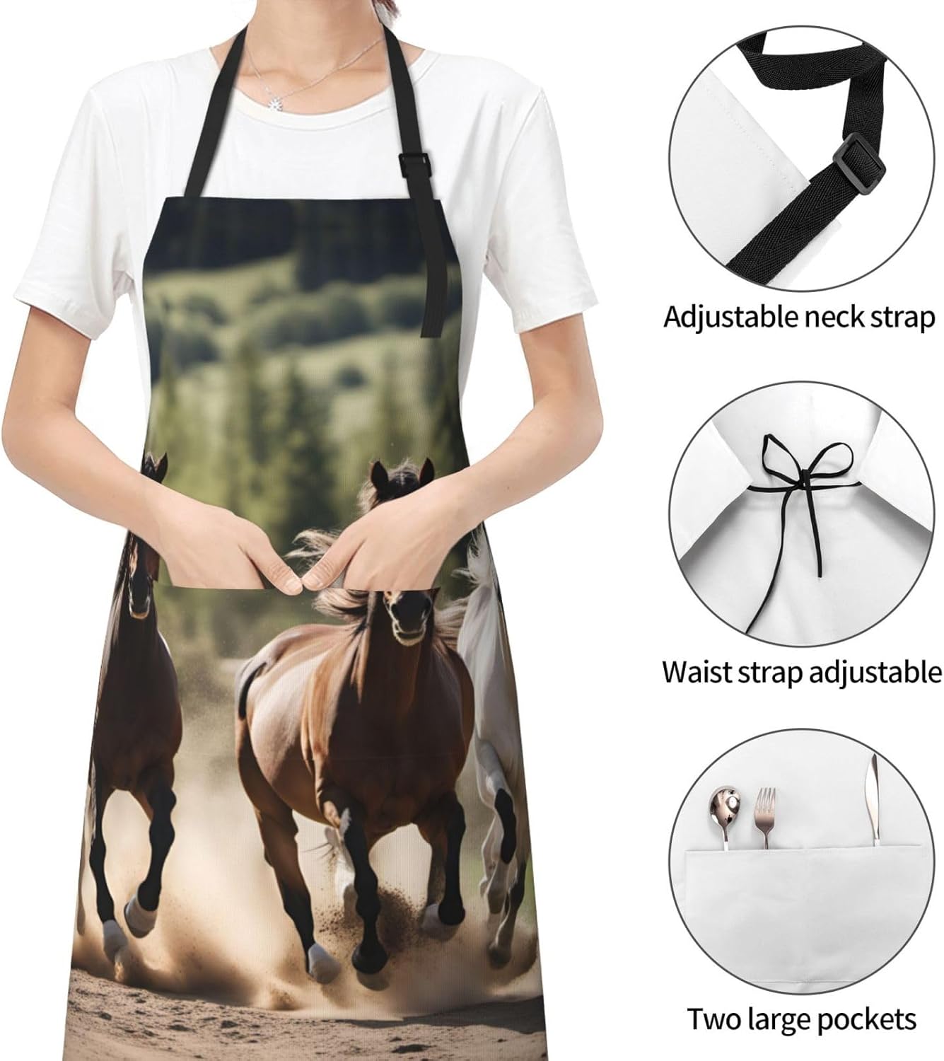 Three running horses print Waterproof chef's apron with pocket apron for kitchen cooking baking barbecue and gardening