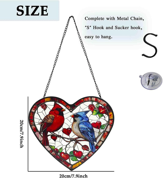 Heart-Shaped Stained Glass Window Hanging, 7.9 in Cardinal & Blue Jay Birds Sun Catcher Indoor Window Decor, Colorful Glass Art Panel for Home, Garden, Valentine’s Gift