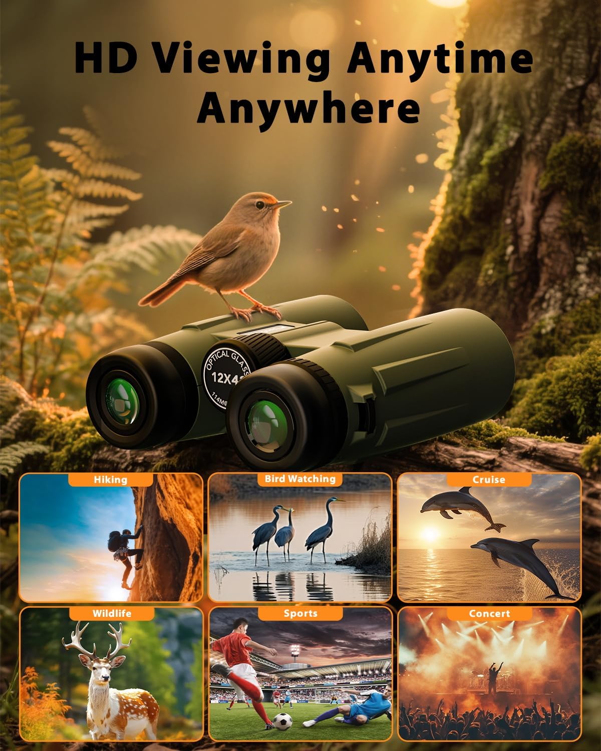 Usogood Professional 12x42 HD Binoculars - High Powered Large View with Clear Low Light Vision - Adults Binoculars for Bird Watching, Hunting, Hiking, Travel, Cruise, Green, AT66V3