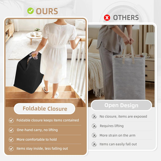 STORAGE MANIAC 2-Pack Large Laundry Hamper, 100L (26.4 Gal) Collapsible Laundry Basket with Bamboo Handles, Freestanding Waterproof Clothes Hamper for Laundry Room, Bedroom, Dorm, Towels, Toys, Black