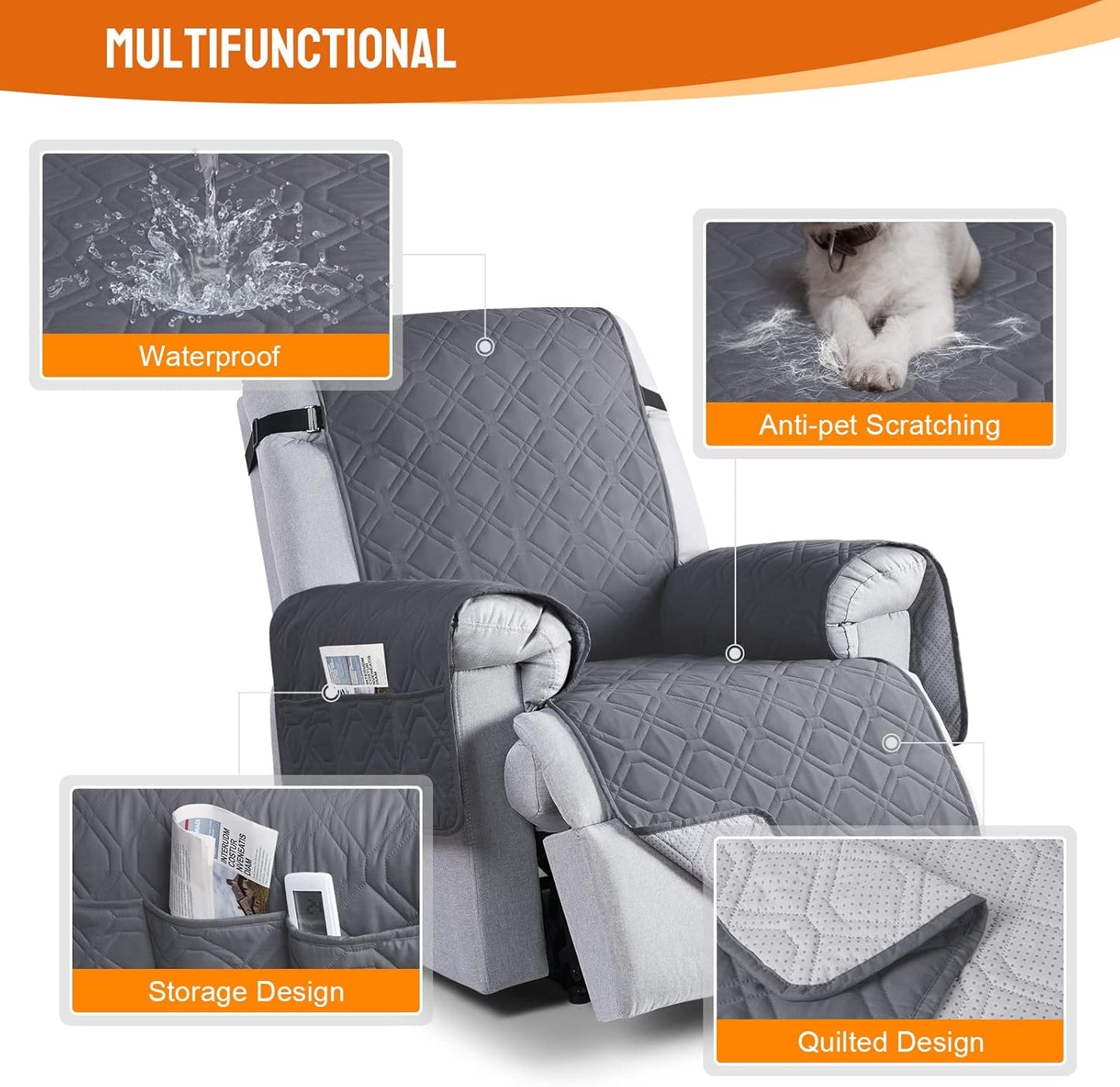 VANSOFY 100% Waterproof Recliner Chair Covers, Recliner Cover Non-Slip Dog Chair Cover Furniture Protector Washable Slipcover with Pocket, Elastic Straps for Pets, Dogs(Dark Gray, 23.6")