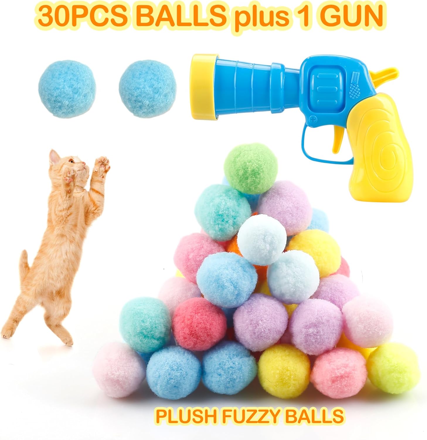 31Pcs Cat Ball Toy Launcher Gun,Cat Balls Fetch Toy,30Pcs Plush Fuzzy 