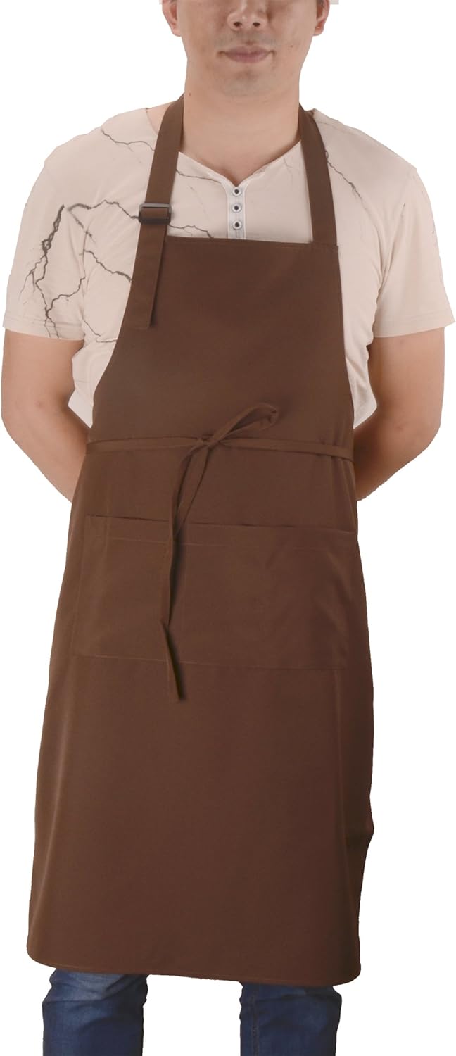 (5 set Brown Professional Resist Water Adjustable Extra Long Bib Apron 3 Pockets Home Kitchen Garden Restaurant Cafe Bar Pub Bakery for Cooking Chef Baker Servers Craft Unisex