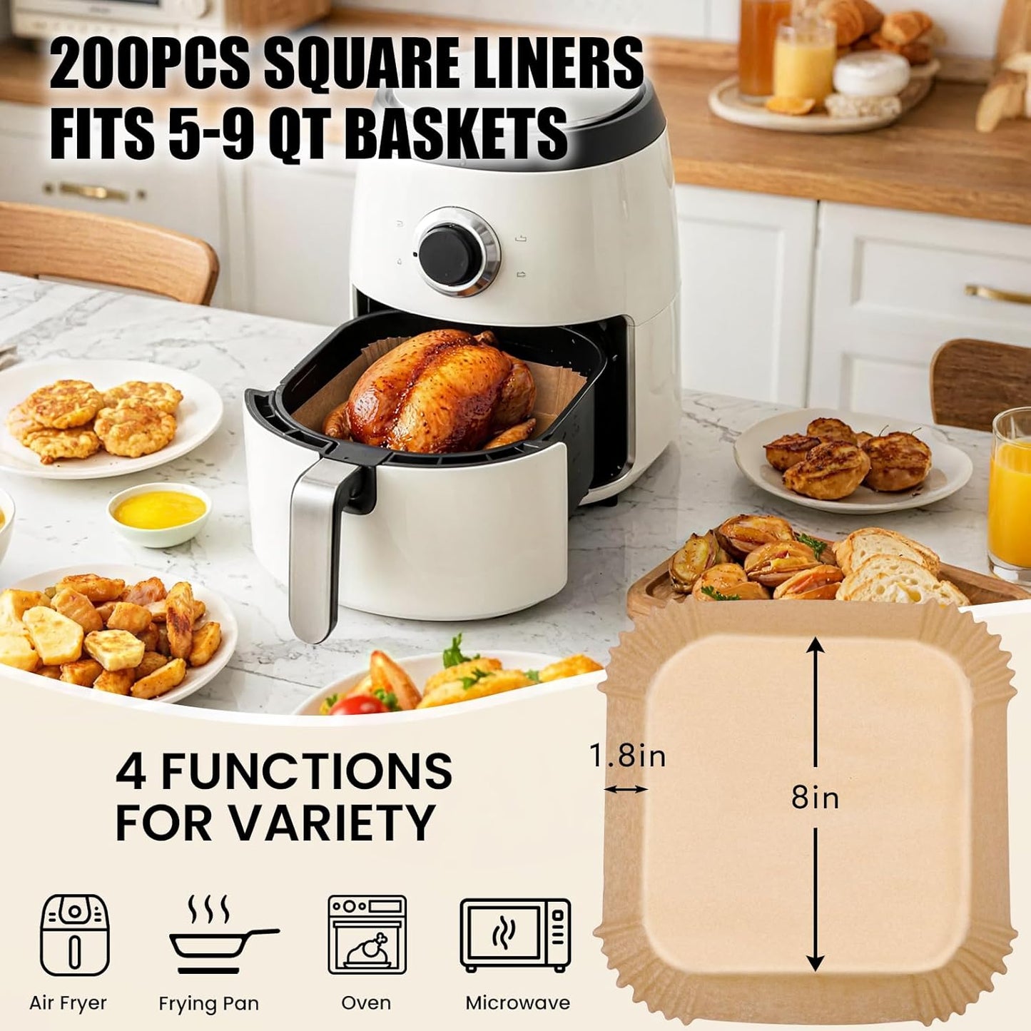 Air Fryer Liners Disposable, 200Pcs 8 Inch Airfryer Paper Liners, Unbleached Parchment Paper for Air Fryer Basket, Non-Stick Air Fryer Accessories, Liners for Baking, Parchment Paper Sheets