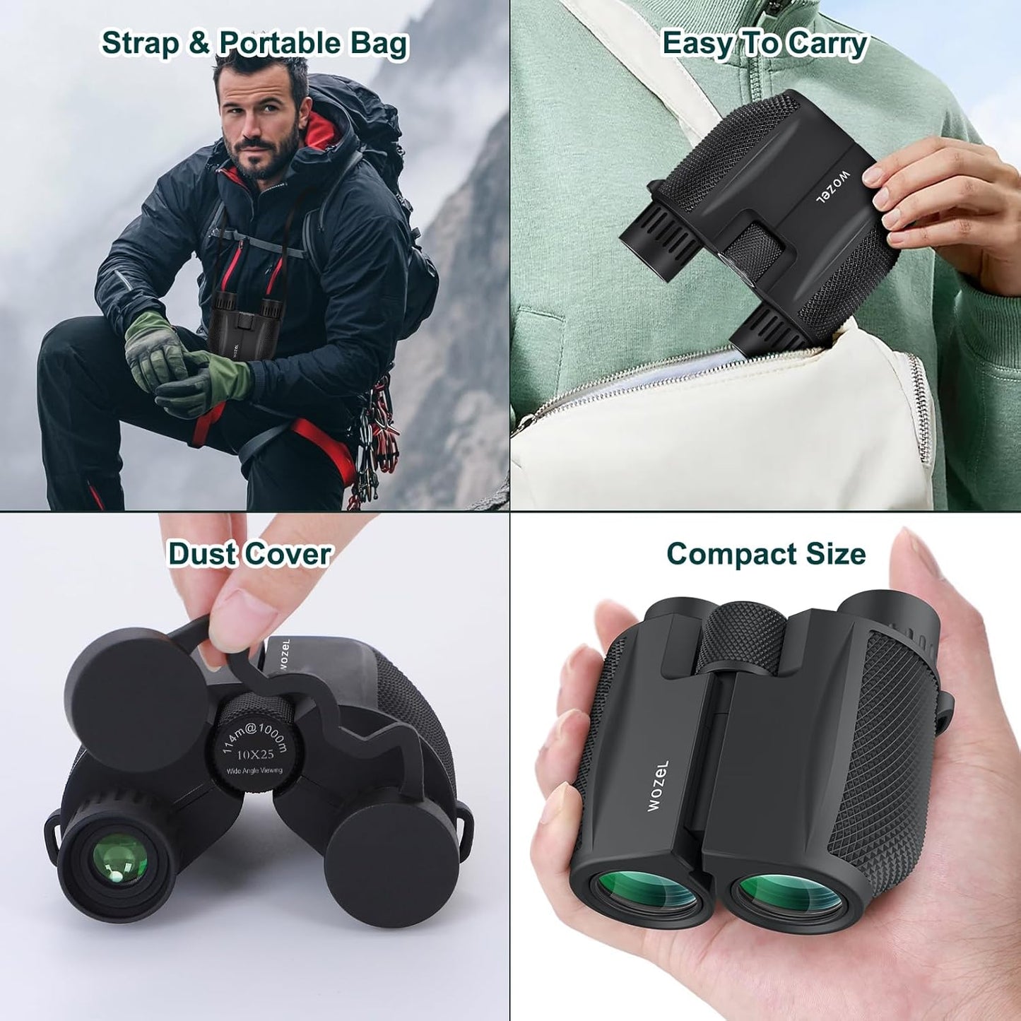 10x25 High Powered Binoculars for Adults - Wozel Compact Binoculars for Kids with Large View - Small Pocket Binoculars for Bird Watching Hunting Stargazing Cruise Ship Travel Hiking