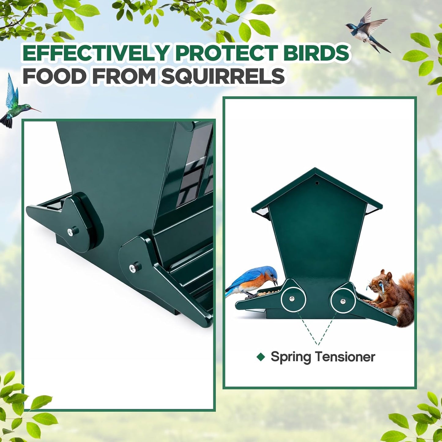 Zonon Squirrel Proof Bird Feeder Metal 12lbs Large Capacity for Cardinals Chickadees Green Bird Feeder on Pole for Outdoors