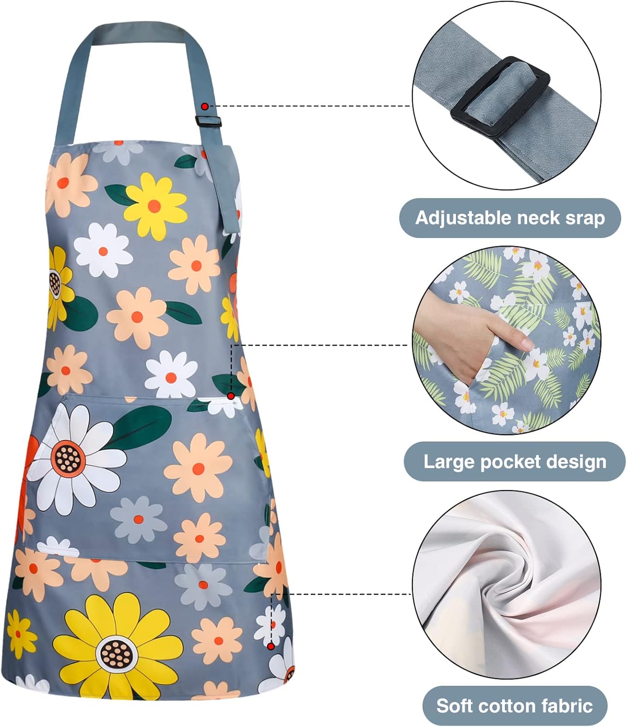 BOUMUSOE 3 Pack Floral Aprons with Pocket, Blooming Womens Aprons Wate