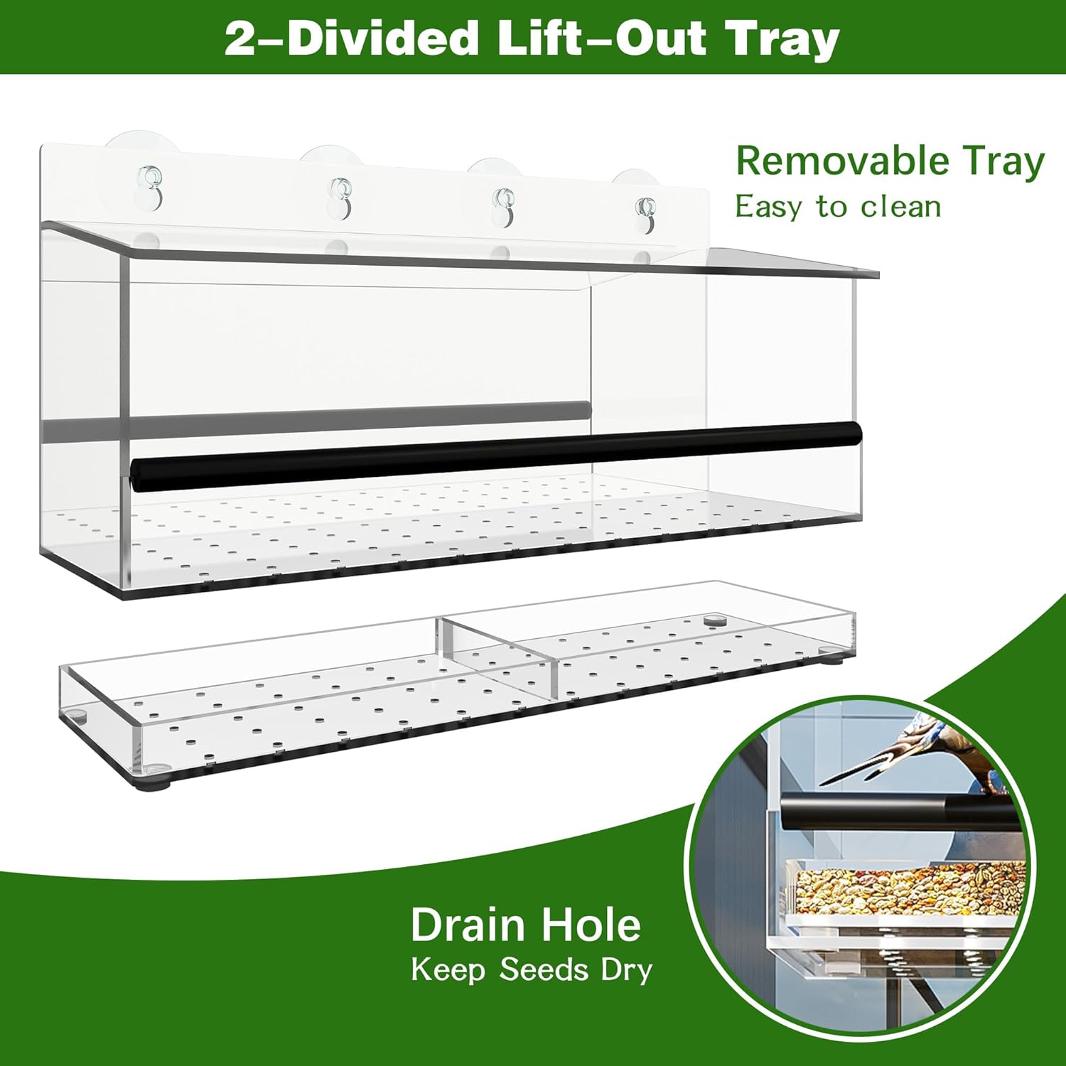 One Way Window Bird Feeder for Outside with 4 Strong Suction Cups, Cle