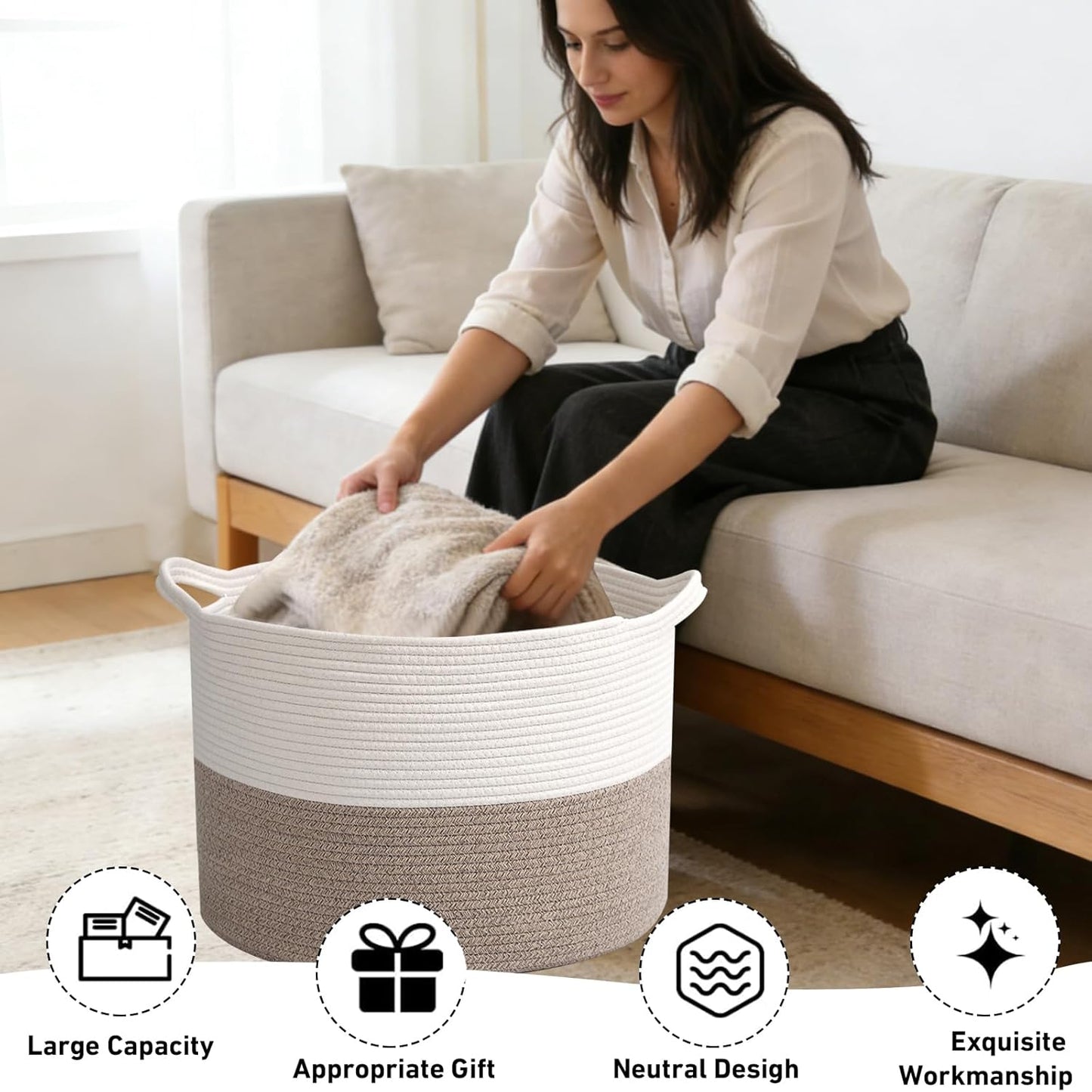 65L Large Blanket Basket,19.7" L x 19.7" W x 13" H Rope Woven Baskets 