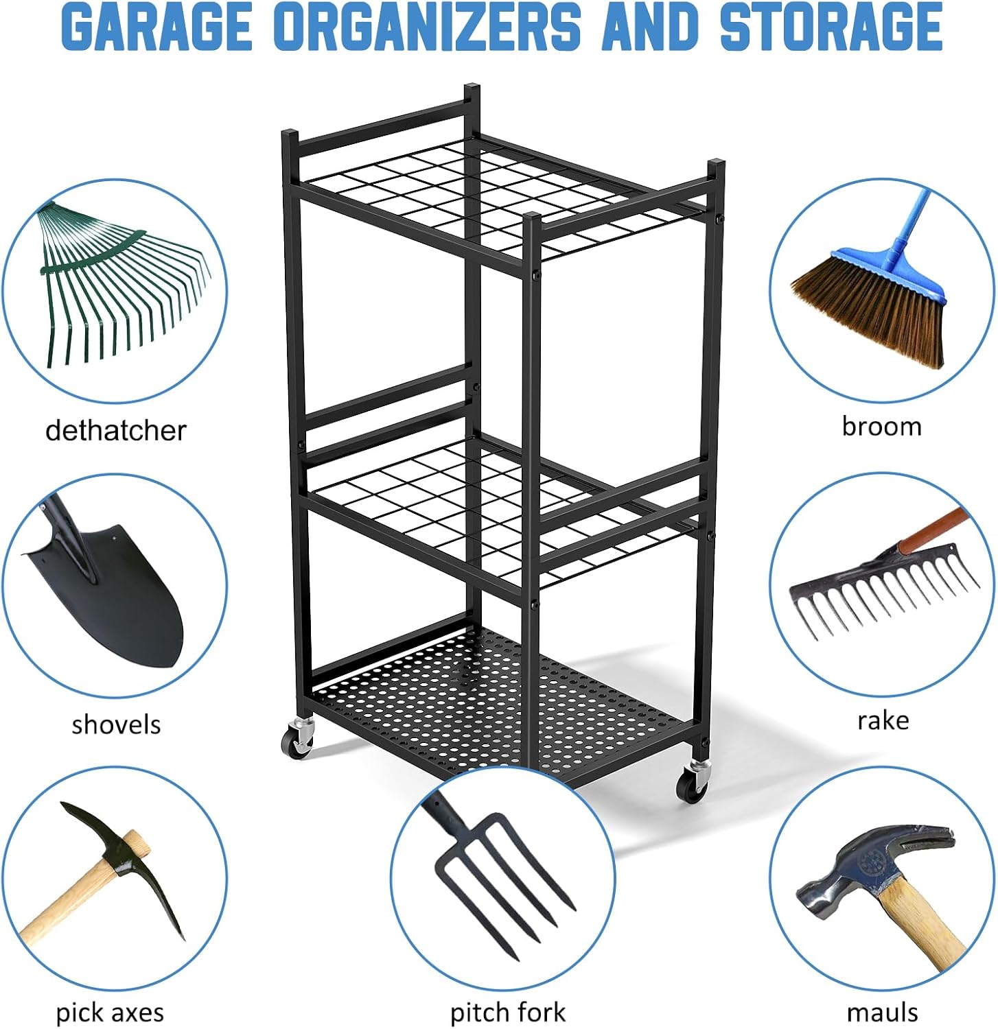 Garden Organizer With Wheels, Yard Tower Rack for Garage Storage, Up t
