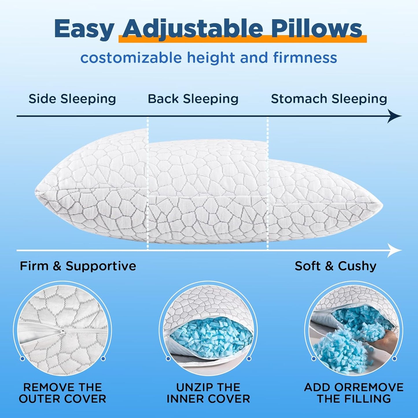 Cooling Pillow Queen Size Set of 2, Adjustable Bed Pillows for Sleeping, Luxury Shredded Memory Foam Pillows 2 Pack,Soft Yet Supportive Firm Pillow for Side,Back,Stomach Sleepers,Gifts for Hot Sleeper