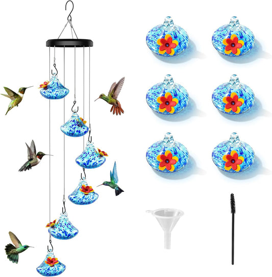 Wind Chime Glass Hummingbird Feeder - 20 Oz Outdoor Hanging Feeder with 6 Ports, Attract More Hummingbirds, Leak-Proof Design, Unique Garden Backyard Decor & Ideal Gift (Blue)