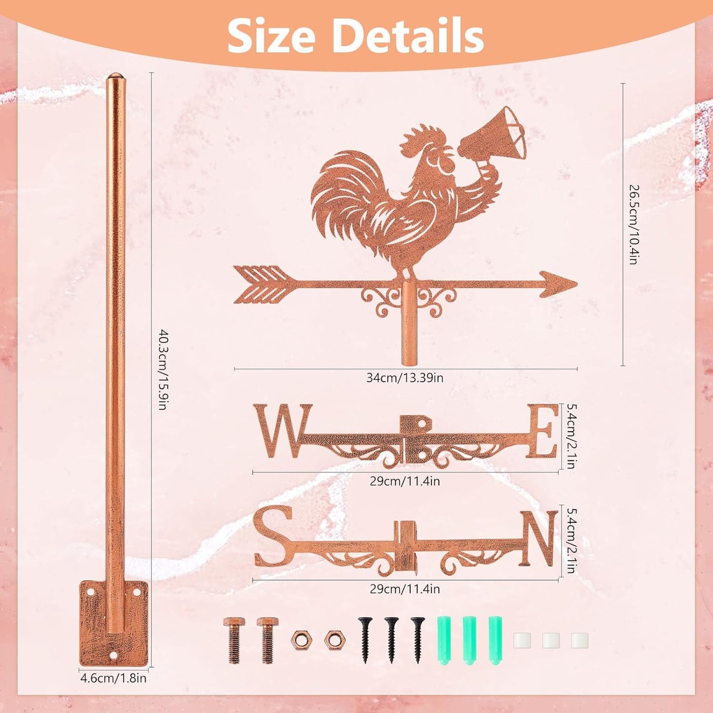 SUPERDANT Rooster Trumpet Weather Vane Animal Wind Vanes for Yard Metal Weathervane Roof Mount for Gardens Outside Reddish Copper Weathervanes Farmhouse Farm Barn Sheds Patio Decorations