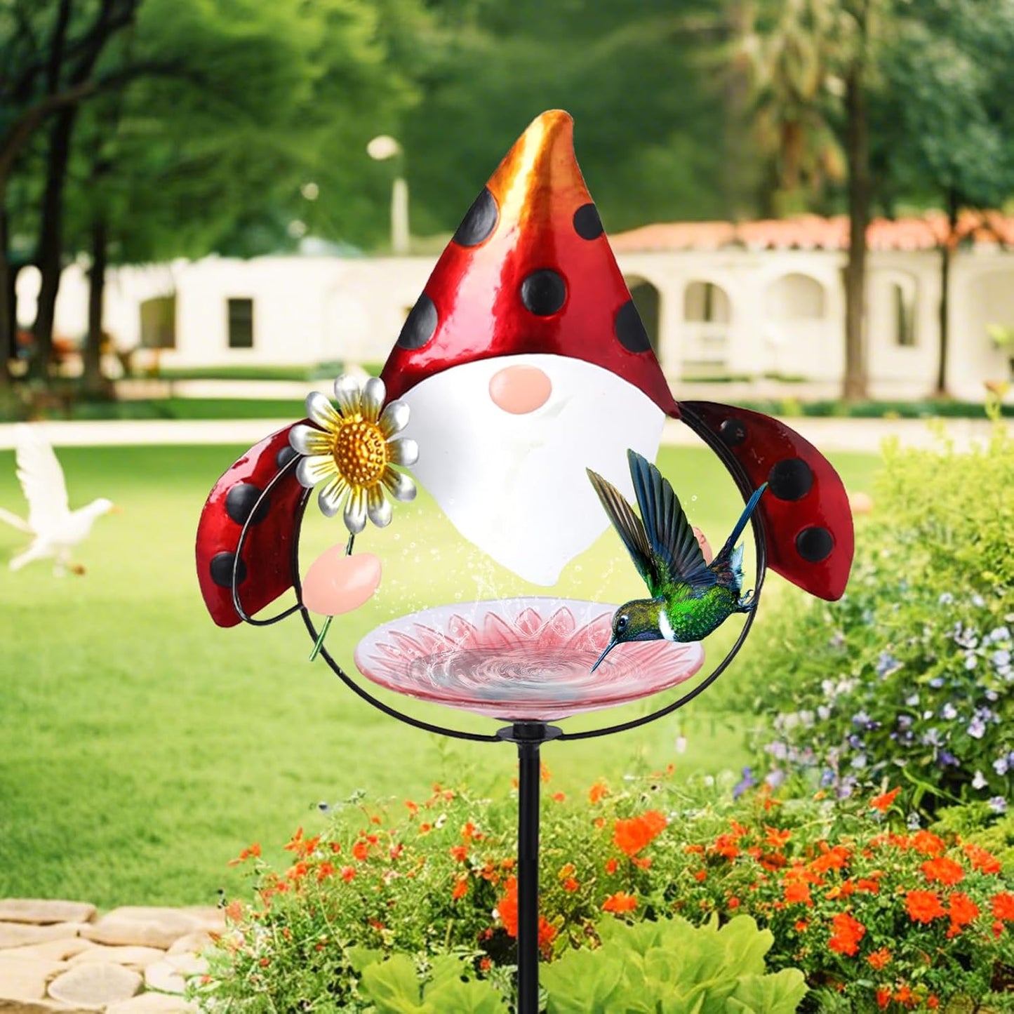 MUMTOP Glass Bird Baths for Outdoors, 32 Inch Height Small Garden Gnome Birdbath Bird Feeders Unique Metal Ladybug Gnomes Decorative for Outdoor Outside Yard Lawn, Red